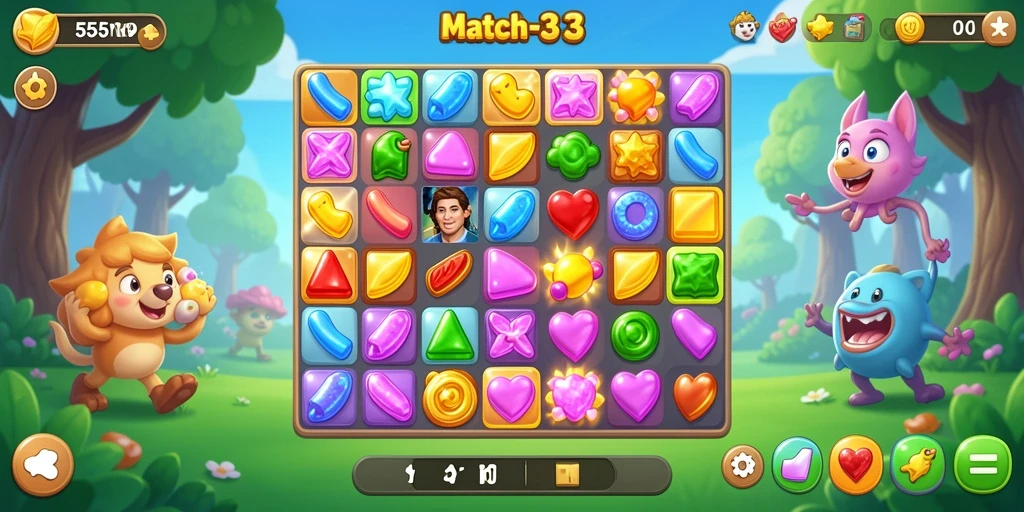 Tangkapan layar gameplay 55RP dengan kombinasi warna yang cerah dan karakter lucu.