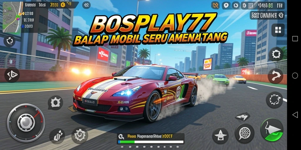 Tangkapan layar gameplay BOSPLAY77 dengan mobil balap melaju kencang.