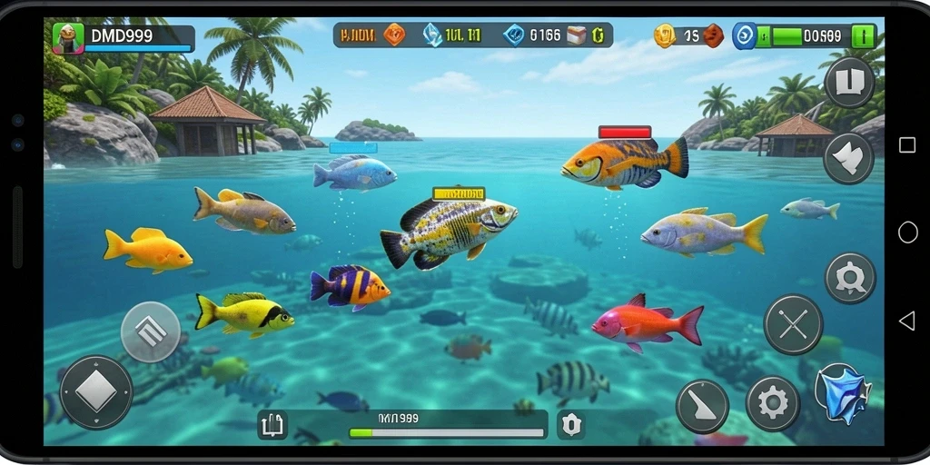 Tampilan gameplay DMD999 dengan aksi menembak ikan yang seru.