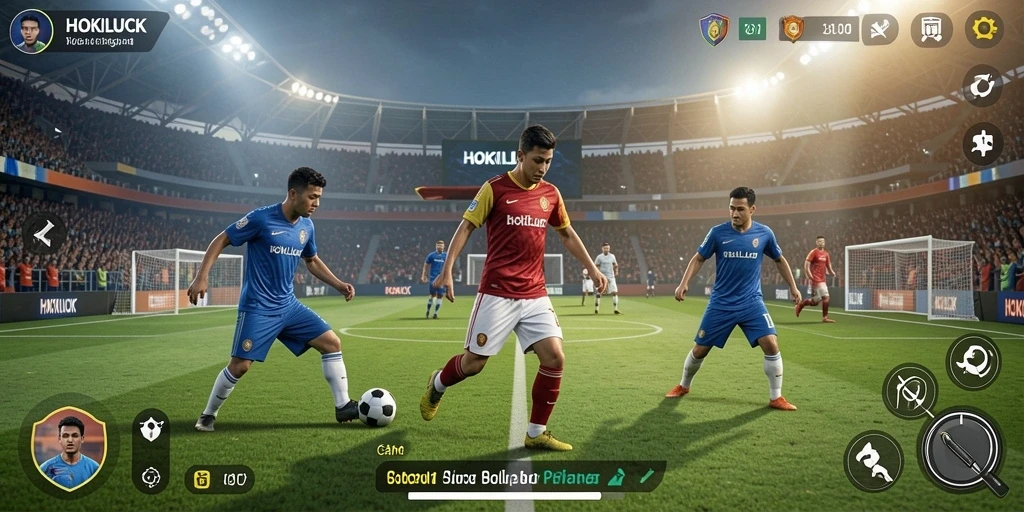 Tampilan menarik dari gameplay HOKILUCK saat bertanding di lapangan sepak bola.