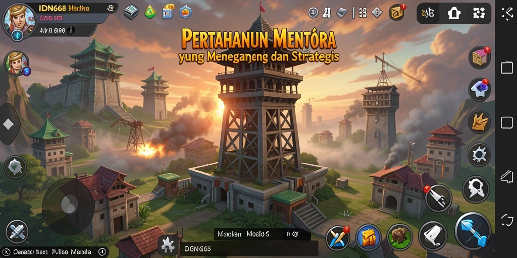 Tangkapan layar gameplay IDN668 menampilkan serangan menara yang intens.