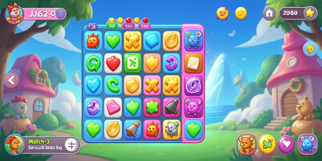 Screenshot gameplay penuh warna dari JJ62 saat mencocokkan permata di level yang menantang.