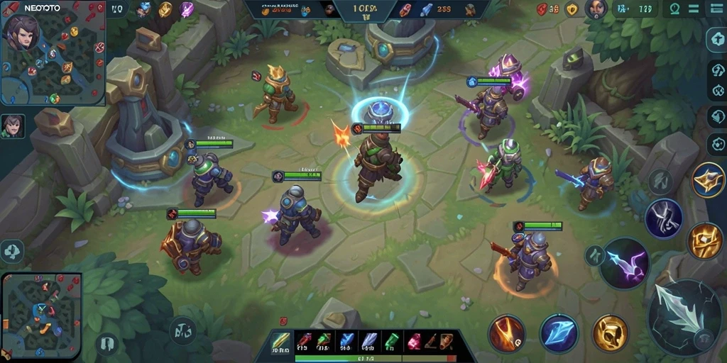 Screenshot gameplay NEOTOTO dengan aksi seru di medan perang MOBA.