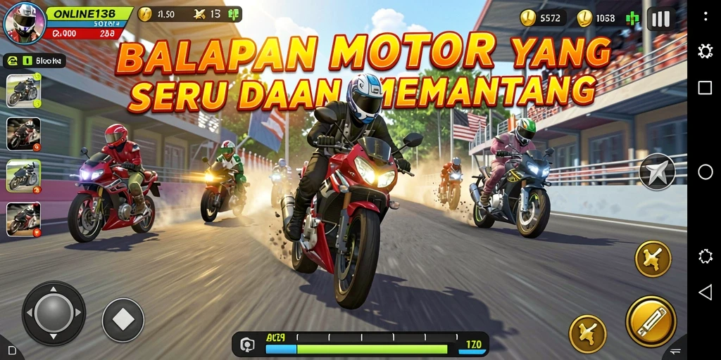 Tampilan gameplay seru balapan motor di ONLINE138.