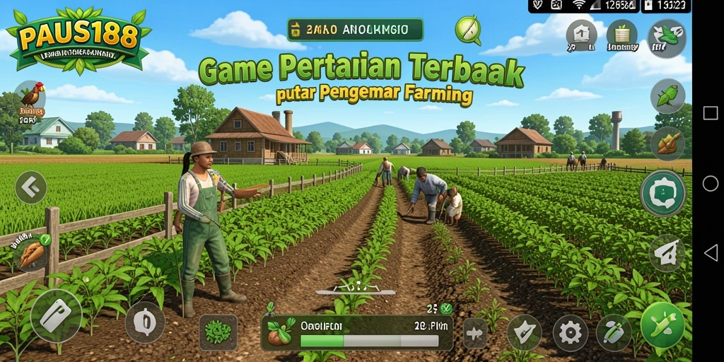 Tampilan gameplay PAUS188 dengan ladang hijau dan aktivitas bertani.