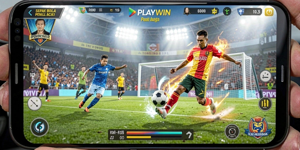 Tampilan gameplay PLAYWIN menampilkan aksi sepak bola yang mendebarkan.