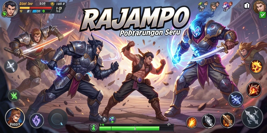 Screenshot utama RAJAMPO menampilkan aksi pertarungan yang intens dan karakter yang beragam.