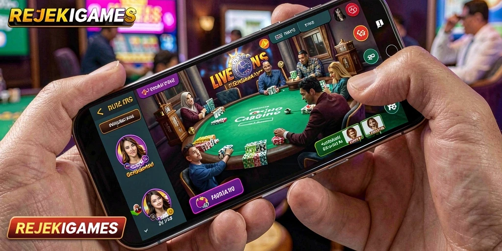Tangkapan layar gameplay REJEKIGAMES menampilkan dealer langsung dan suasana permainan mendebarkan.